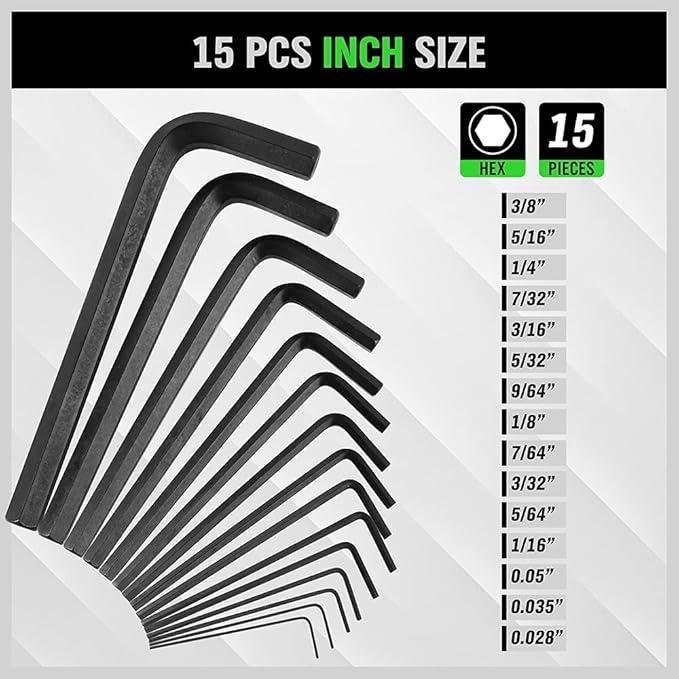 Set of 15 hex key wrenches with measurements on a white background