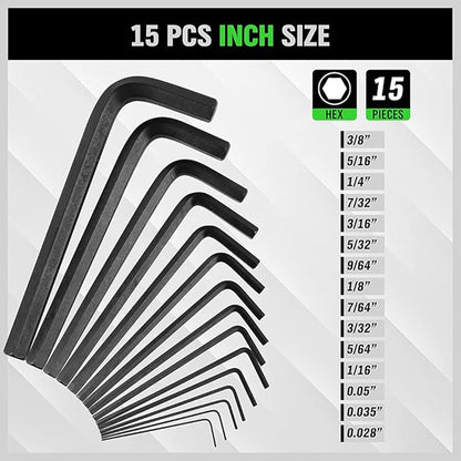 Set of 15 hex key wrenches with measurements on a white background