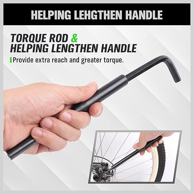 Hand holding a torque rod with text explaining its benefits on a gray background