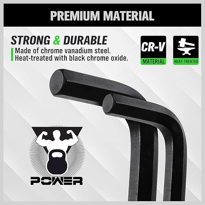 Black metal barbell with text about premium material, strength, durability, and heat treatment on a gray background.