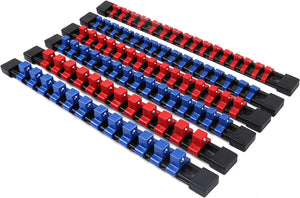 Set of blue and red plastic strips with black connectors on a white background