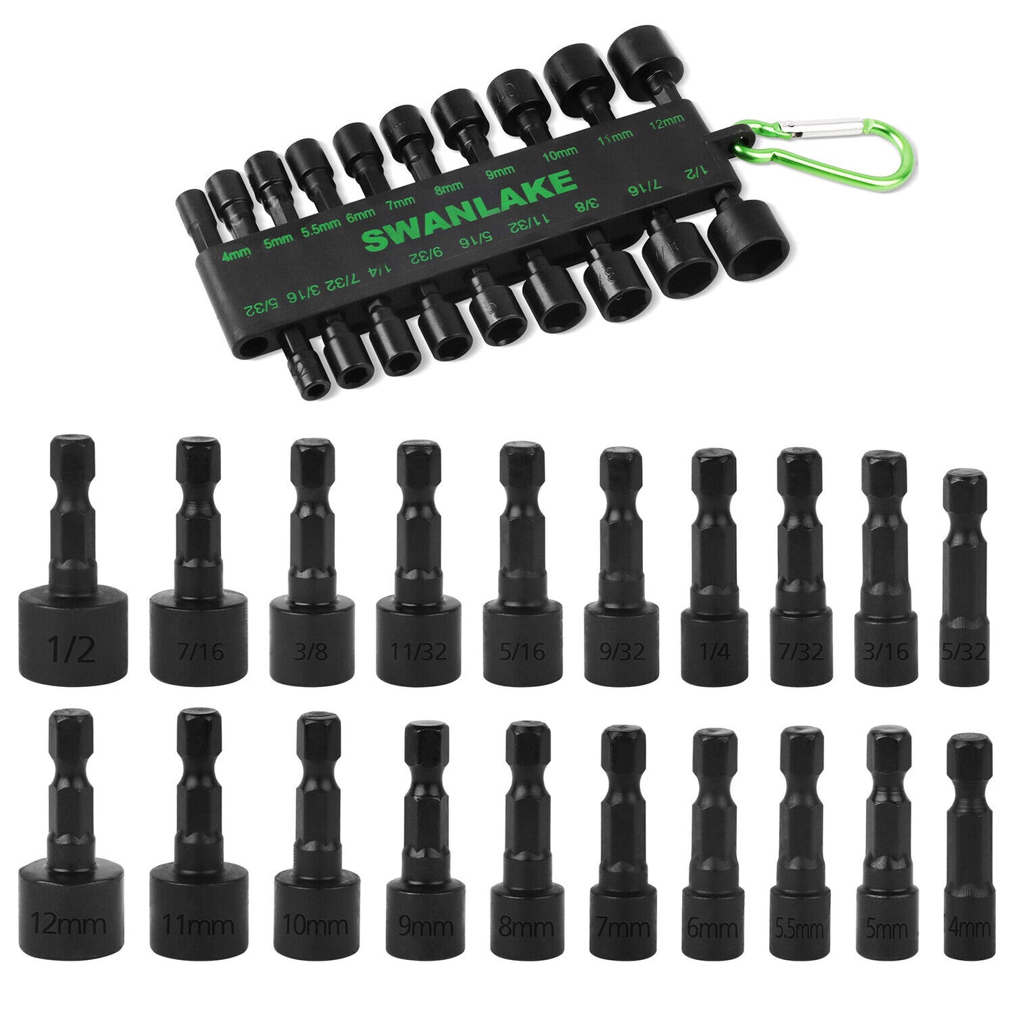 Set of black drill bits with a green carabiner on a white background, featuring the brand 'SWANLAK'.
