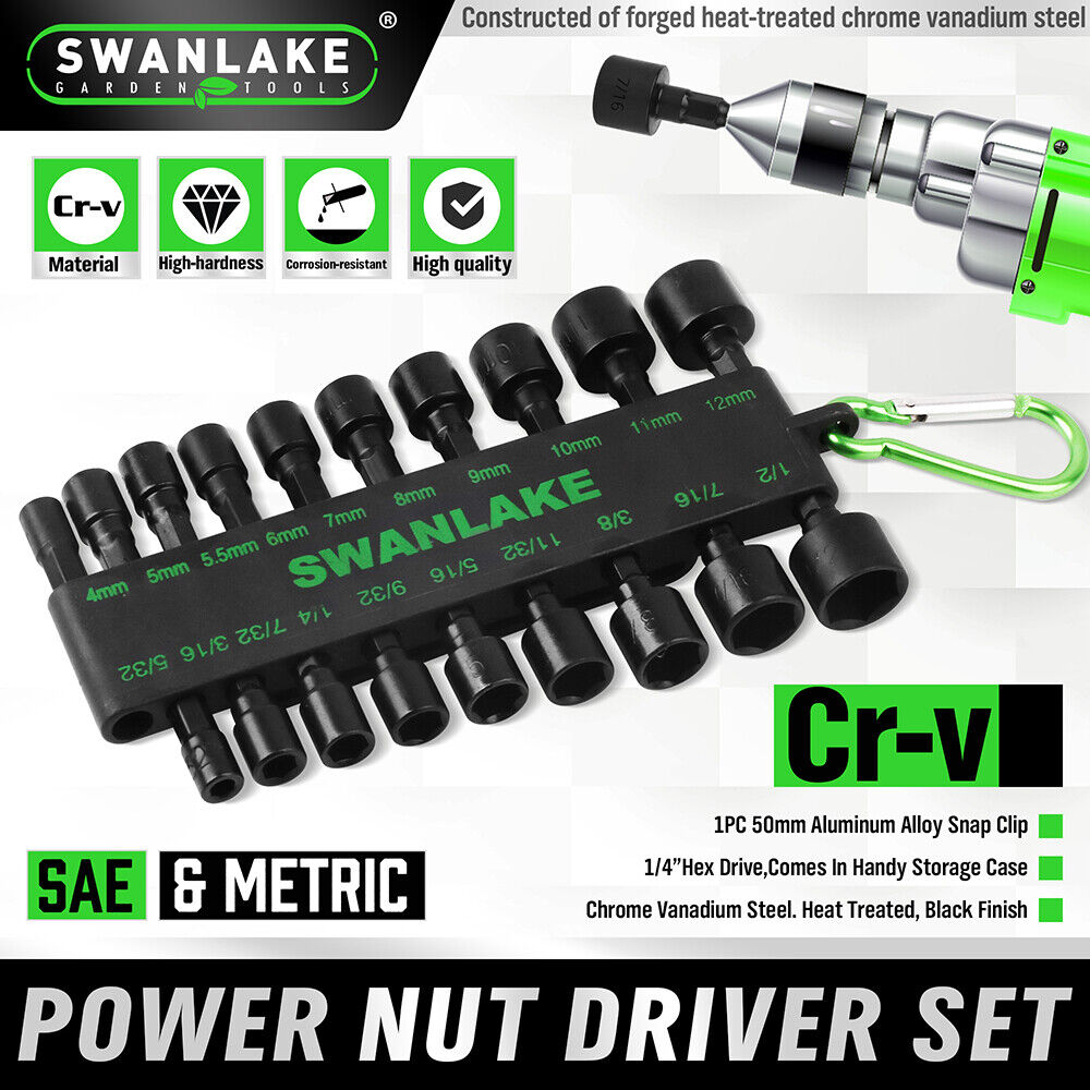 Swanlake power nut driver set with tool and branding details on a white background