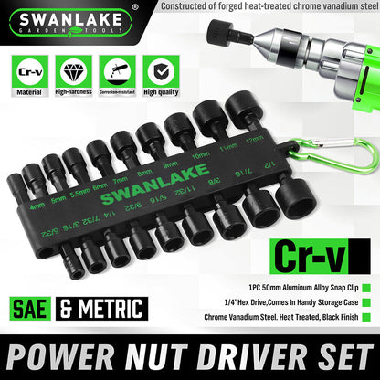 Swanlake power nut driver set with tool and branding details on a white background