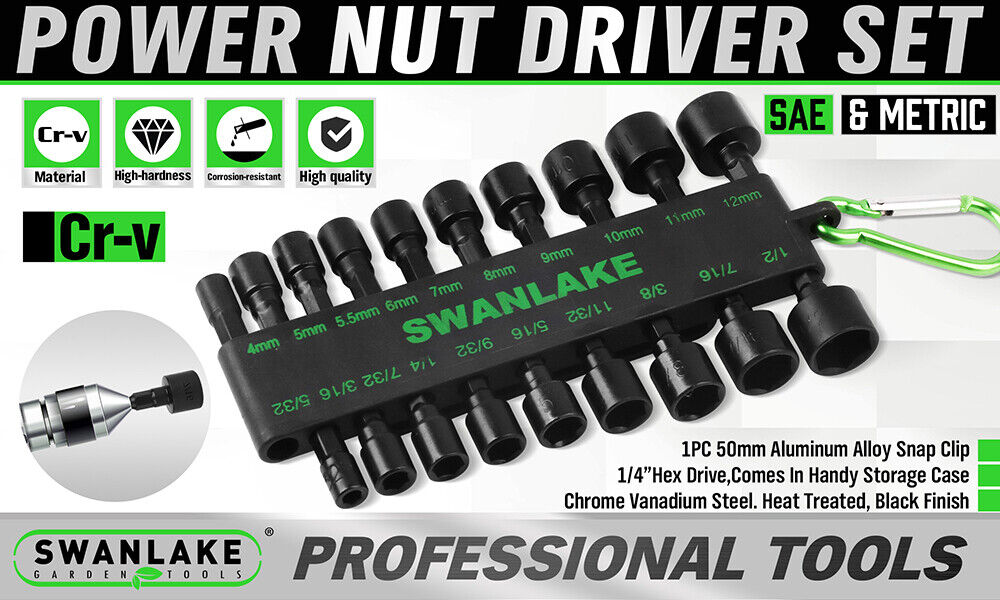 Swanlake power nut driver set with various sockets on a white background