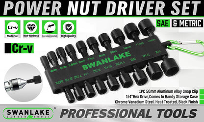 Swanlake power nut driver set with various sockets on a white background