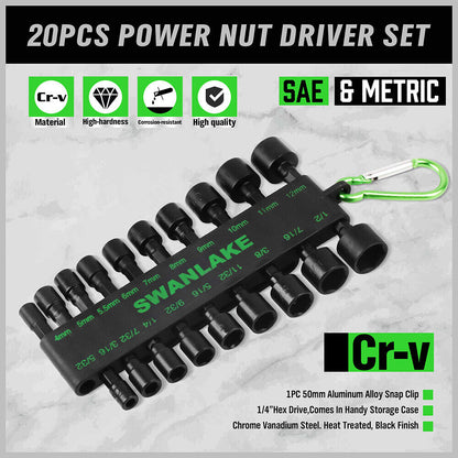 20-piece power nut driver set with Swanlake branding on a gray background