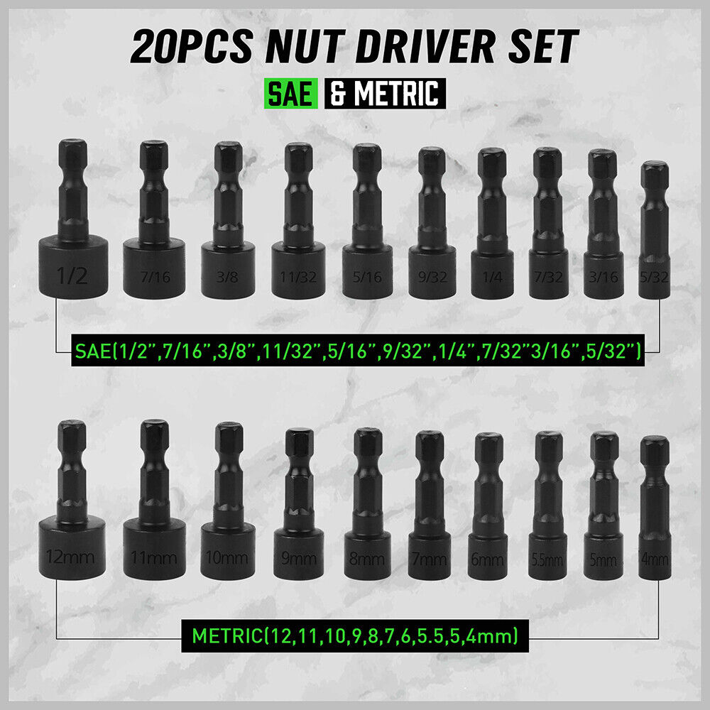 20-piece nut driver set with SAE and Metric measurements on a gray background