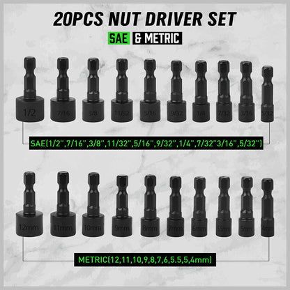 20-piece nut driver set with SAE and Metric measurements on a gray background