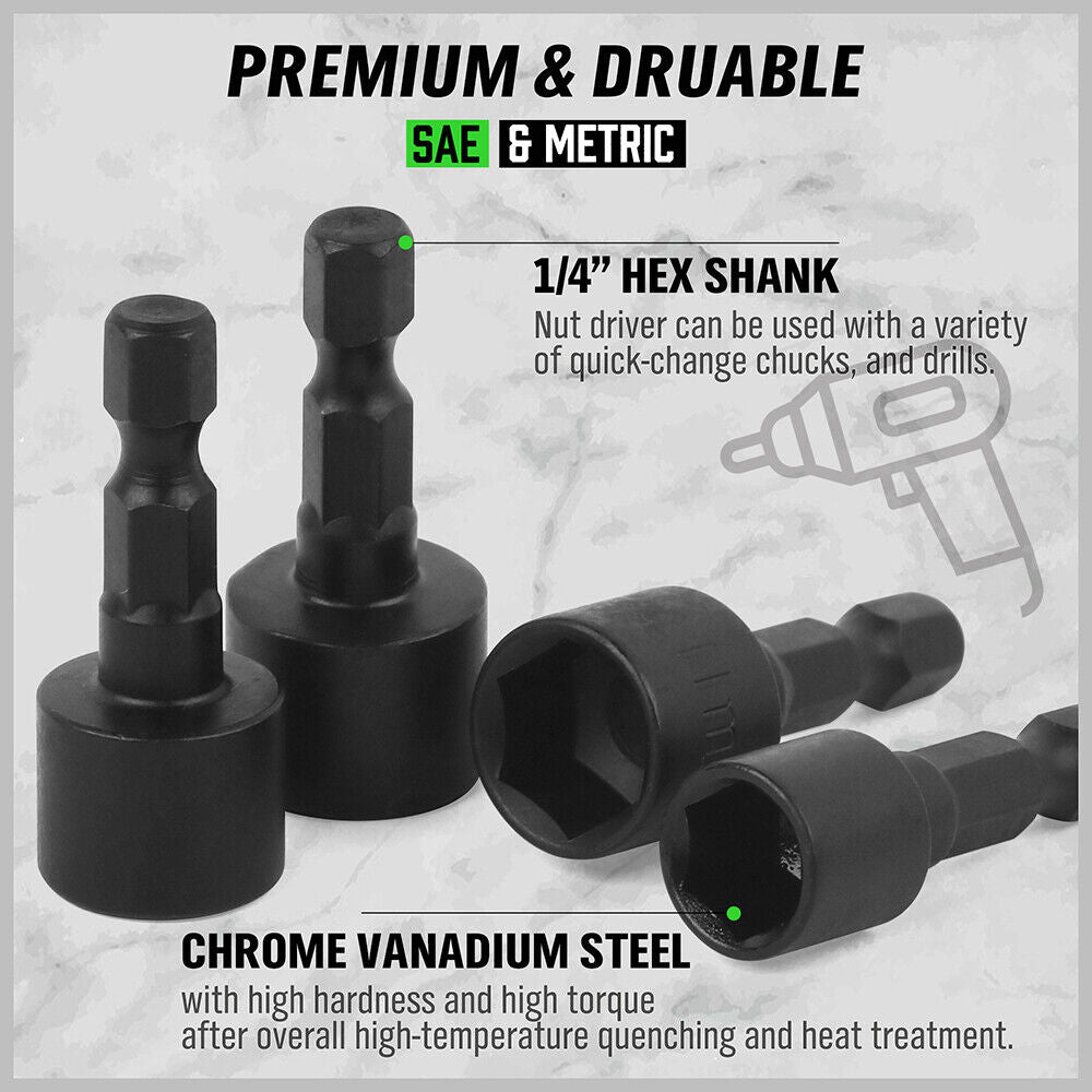 Set of black hex shank nut drivers with text highlighting features on a gray background