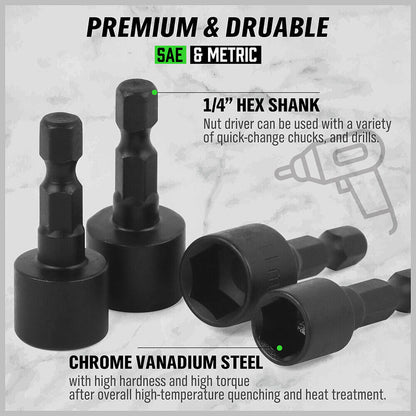 Set of black hex shank nut drivers with text highlighting features on a gray background