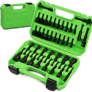 A green carrying case with the brand name SWANLAKE opened to display a set of black magnetic hex nut drivers with different sizes.
