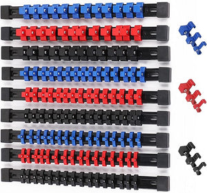 Set of interlocking building blocks in red, blue, and black on a white background