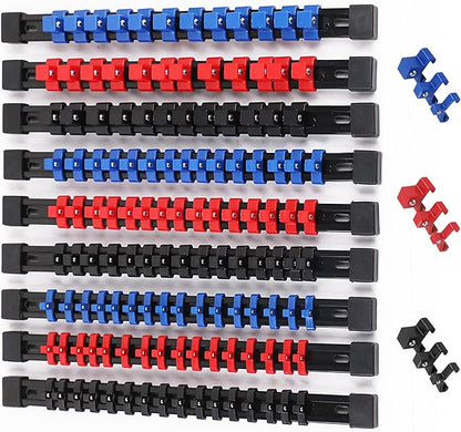 Set of interlocking building blocks in red, blue, and black on a white background