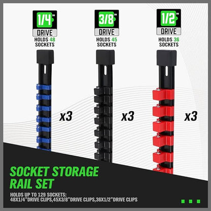 Socket storage rail set with different drive sizes and socket capacities on a white background.