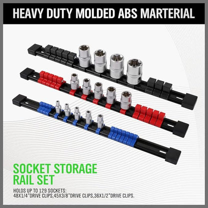 Socket storage rail set with sockets on a white background