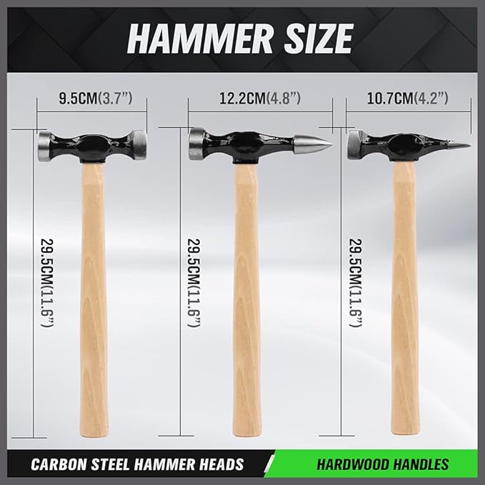 Three hammers with wooden handles and measurements on a gray background