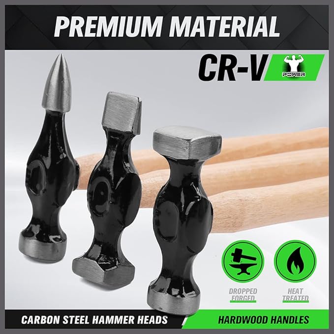 Three carbon steel hammers with hardwood handles on a gray background, featuring the brand logo.