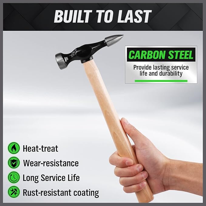 Hammer with carbon steel text and hand holding it, on a gray background