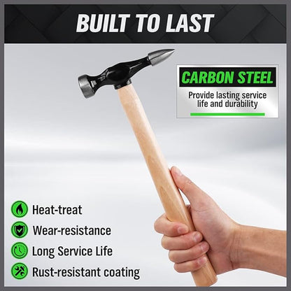 Hammer with carbon steel text and hand holding it, on a gray background