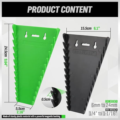 Green and black wedge-shaped tools with measurements and text on a white background