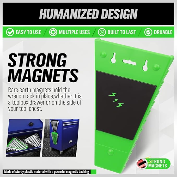 Green wrench rack with strong magnets on a white background
