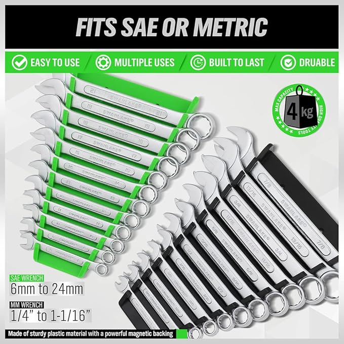 Set of adjustable wrenches with green and black handles on a white background