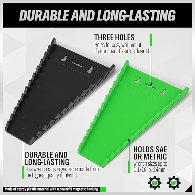 Black and green wrench rack organizer with text highlighting features on a white background