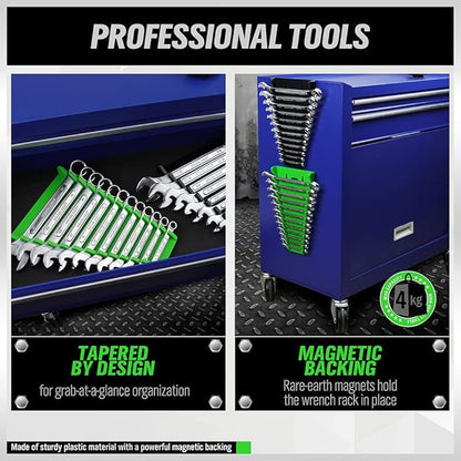 Blue toolbox with wrench rack featuring magnetic backing and tapered design.