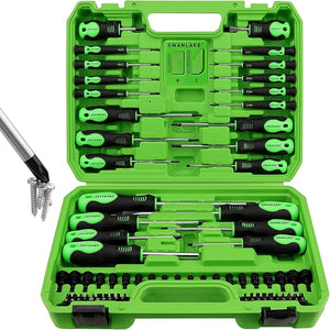 A set of Swanlake magnetic screwdrivers in various sizes, with green handles and black shafts, displayed in an open green tool box.