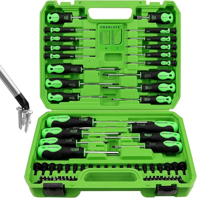 A set of Swanlake magnetic screwdrivers in various sizes, with green handles and black shafts, displayed in an open green tool box.