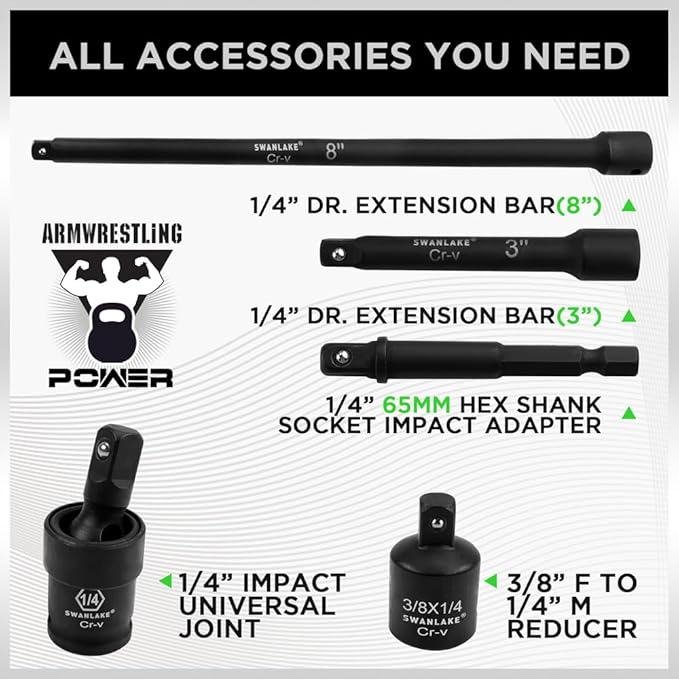 List of arm wrestling power accessories including extension bars and socket adapter on a white background.