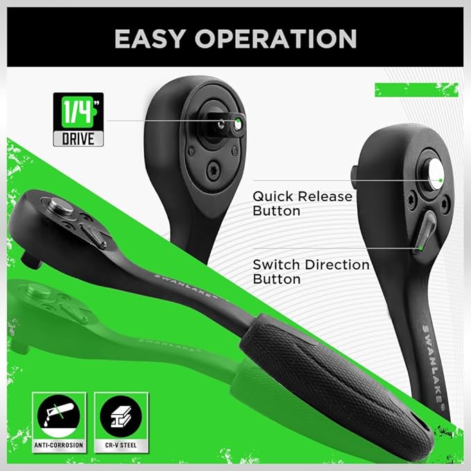 Black ratchet tool with features highlighted on a green and white background