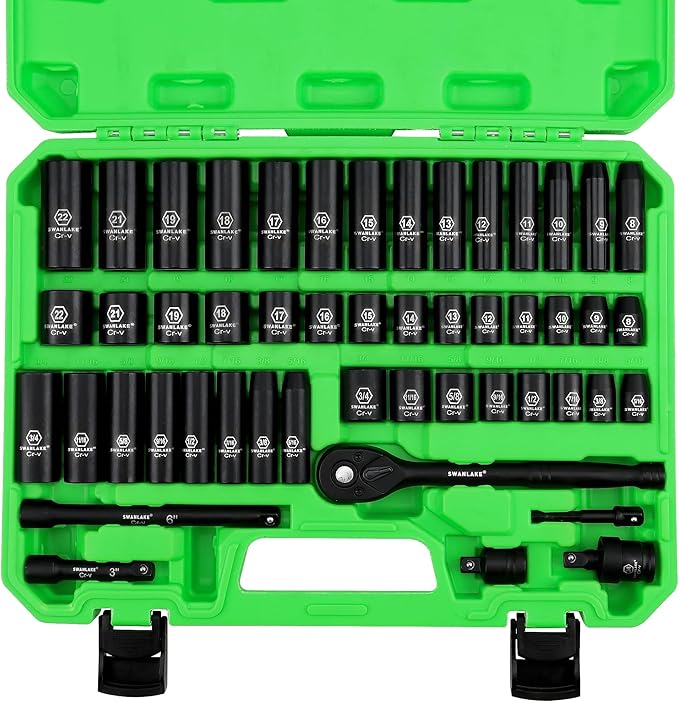 Socket set with tools in a green case on a white background
