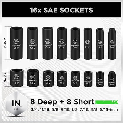 Set of 16 SAE sockets with Swankline branding on a white background