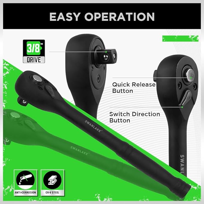 Black ratchet tool with labeled features on a green and white background