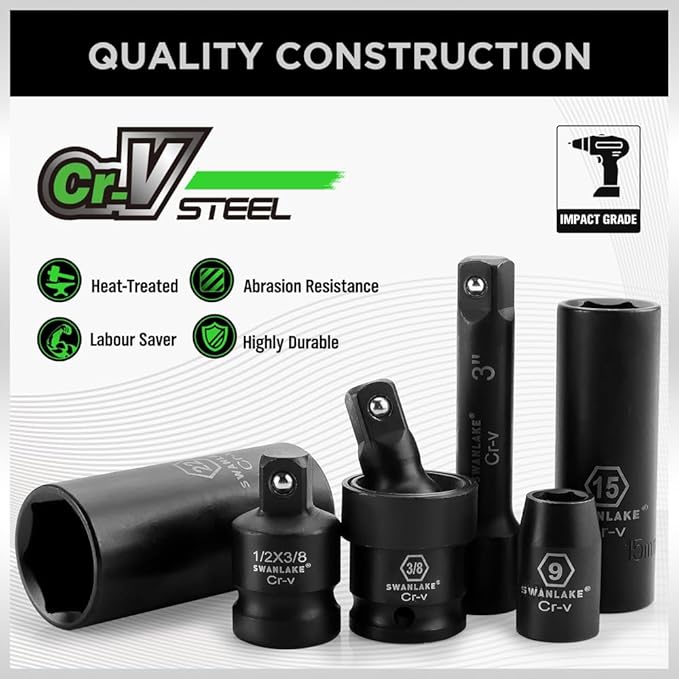 Swanlake Cr-V steel impact wrench sockets with branding and features on a white background