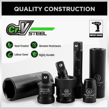 Swanlake Cr-V steel impact wrench sockets with branding and features on a white background