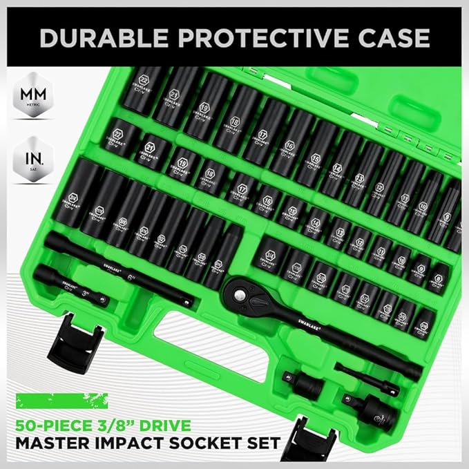 50-piece 3/8" drive master impact socket set in a green case with text 'Durable Protective Case'.