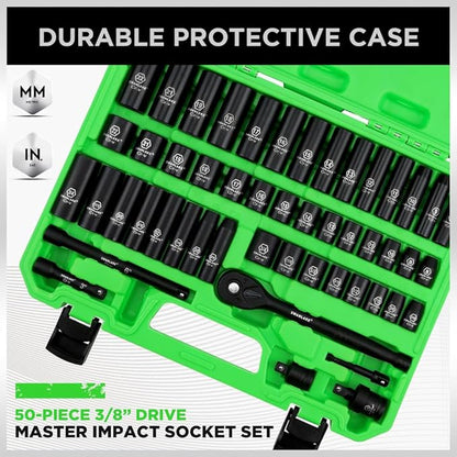 50-piece 3/8" drive master impact socket set in a green case with text 'Durable Protective Case'.