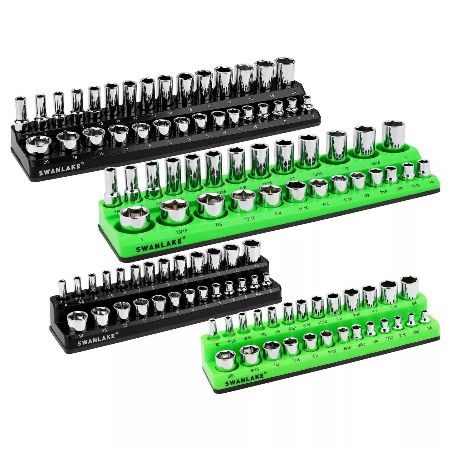 Set of Swanlake socket wrenches on green and black stands against a white background