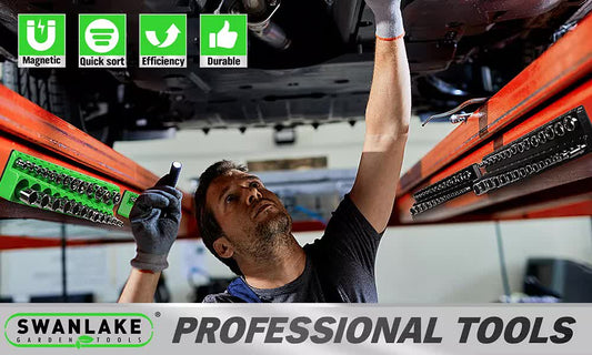 Mechanic using professional tools on a vehicle with Swanlake branding.