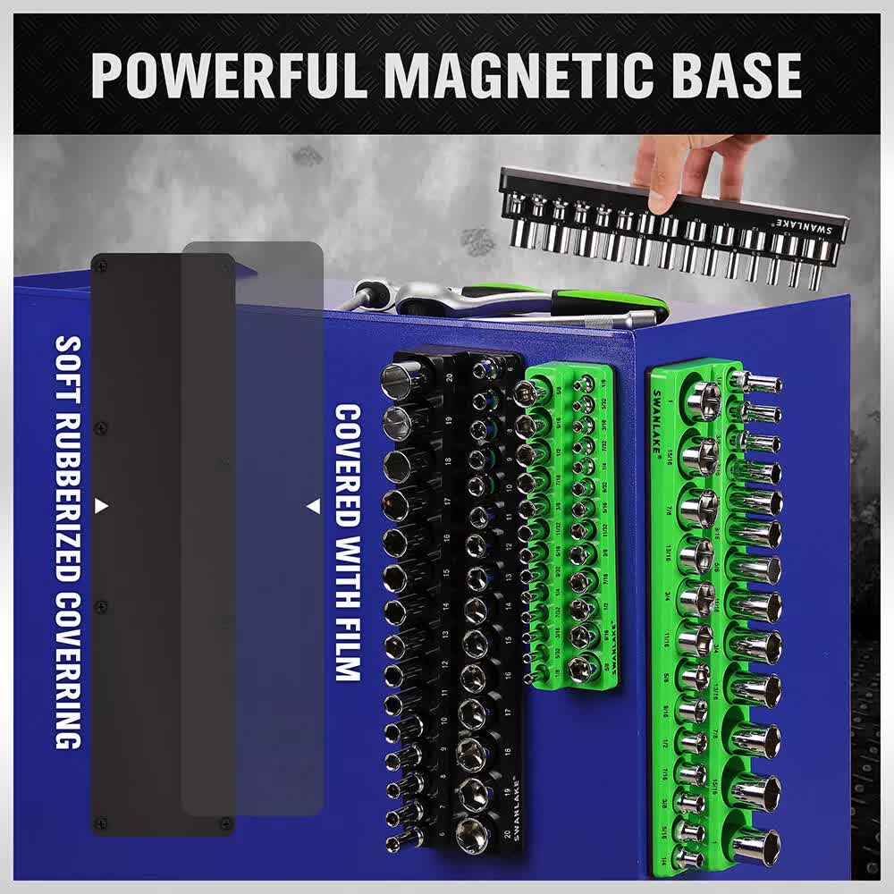 Blue tool organizer with various tool bits and a hand holding a wrench, labeled 'Powerful Magnetic Base'.
