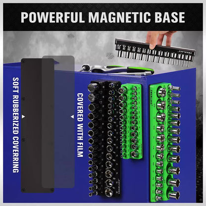 Blue tool organizer with various tool bits and a hand holding a wrench, labeled 'Powerful Magnetic Base'.