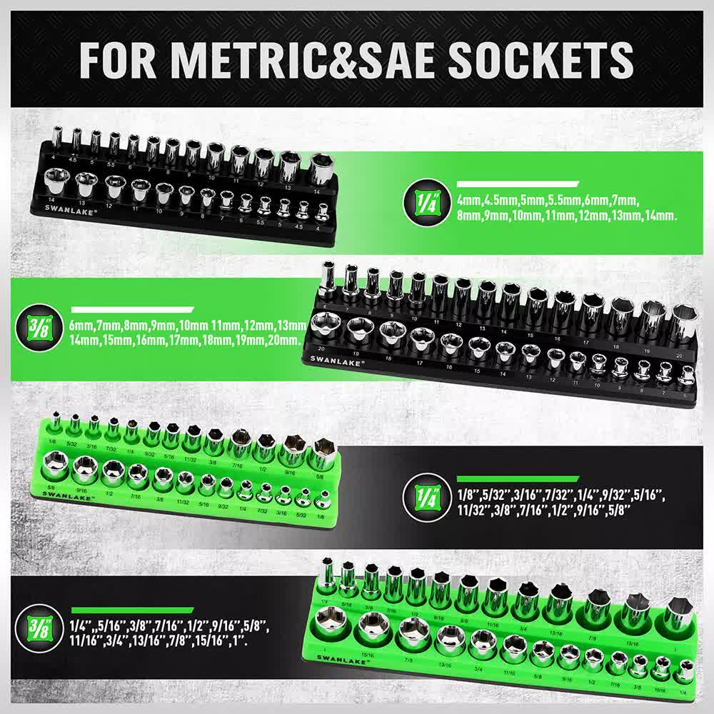 Set of socket wrenches with green and black color scheme on a gray background