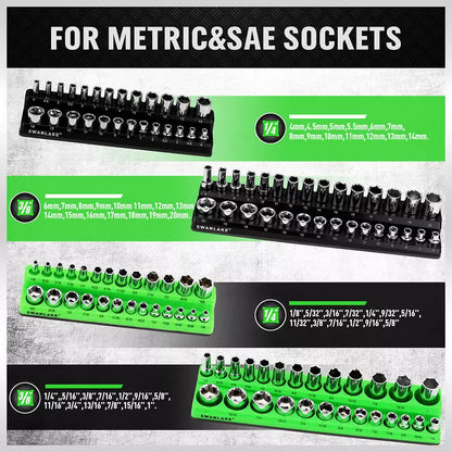 Set of socket wrenches with green and black color scheme on a gray background