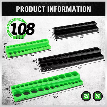 Tool organizer with 108 slots in green and black on a gray background