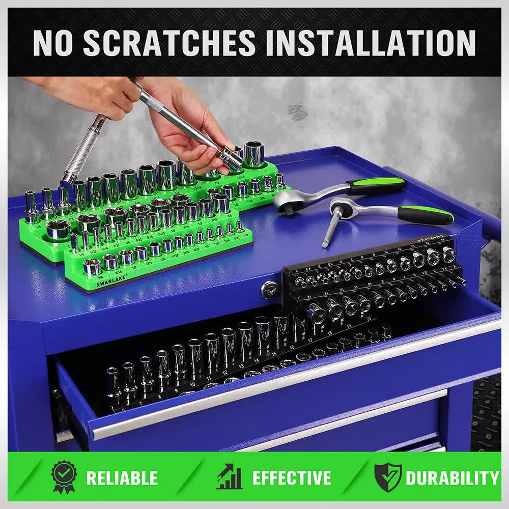 Tool set with ratchets and sockets on a blue toolbox, emphasizing installation without scratches.