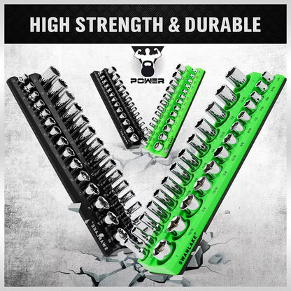 Set of tool sockets in black and green with 'Power' branding on a gray background.