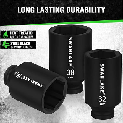 Black Swanlake socket set with text highlighting durability and material details on a gray background.